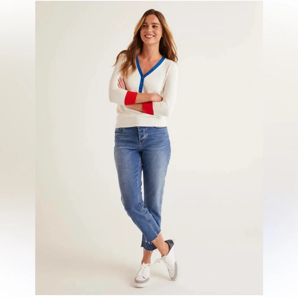 Boden winter white red blue 3/4 sleeves cotton wool fitted deep vneck 2 sweater - Picture 15 of 15